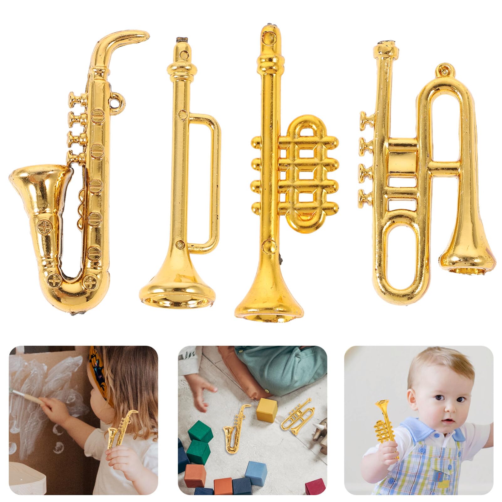 BESTOYARD Dollhouse Miniature Musical Instrument Set, 4pcs Mini House Musical Instrument Model Includes Trumpet Saxophone Model Accessory for Dollhouse Mini Music Room
