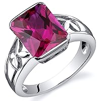 PEORA Created Ruby Galleria Ring for Women in Sterling Silver, 4.25 Carats Radiant Cut, 10x8mm, Comfort Fit, Sizes 5 to 9