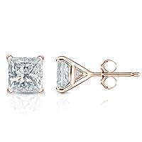 IGI Certified 2 Carat Princess Cut Lab Grown Diamond Square Stud Earrings for Women in 14k Gold (E-F, VS, 2 cttw) 4-Prong Martini Setting Push Back Studs by Diamond Wish