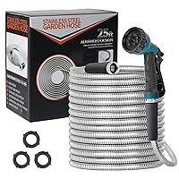 304 Stainless Steel Metal Garden Hose 50ft, Heavy Duty Water Hose with 10 Function Nozzle Flexible, Lightweight, No Kinks and Tangles Hose for RV, Outdoor Yard