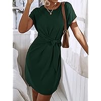 Women's Dress Knot Side Solid Batwing Sleeve Dress Dresses for Women (Color : Dark Green, Size : X-Small)