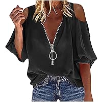 Summer Cold Shoulder Lantern Sleeve Tops for Womens Fashion Zipper Deep V Neck Casual Loose Solid Color Long Blouses