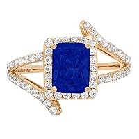 Clara Pucci 2.07ct Emerald Cut Solitaire with Accent Halo Criss Cross Simulated Blue Sapphire designer Modern Ring 14k Yellow Gold