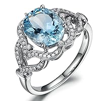 Amazing Genuine Blue Aquamarine Prong Diamond Engagement Wedding for Women Solid 14K White Gold Band Ring Set Fashion Jewelry