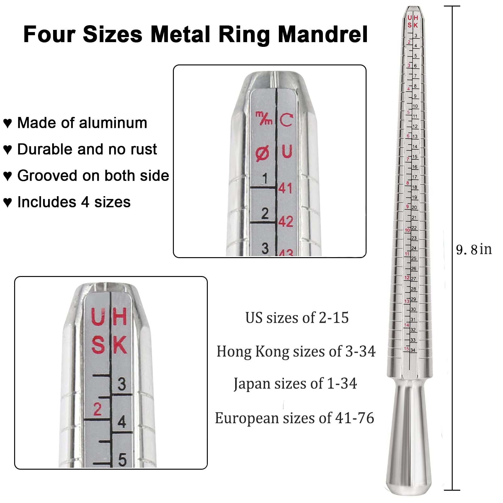 Accmor Ring Sizer Tool Including Ring Mandrel & Ring Sizer Guage, 4 Sizes Ring Measurement Stick Metal Mandrel & Finger Sizing Measuring Tool Set for Jewelry Making Measuring