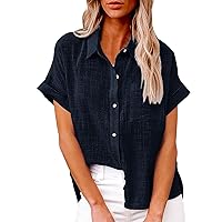 Womens Cotton Linen Button Down Shirts Roll Up Short Sleeve Blouse Causal V Neck Shirt Summer Blouses Tops with Pocket
