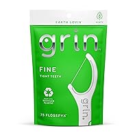 GRIN Fine Flosspyx, Floss Picks, 75 Count, Dental Flossers, Minty Flavor, Recycled Plastic, Super Strong Fine Floss, Tight Teeth, Premium Longer Floss Head, Includes Safe Fold-Back Tooth Pick