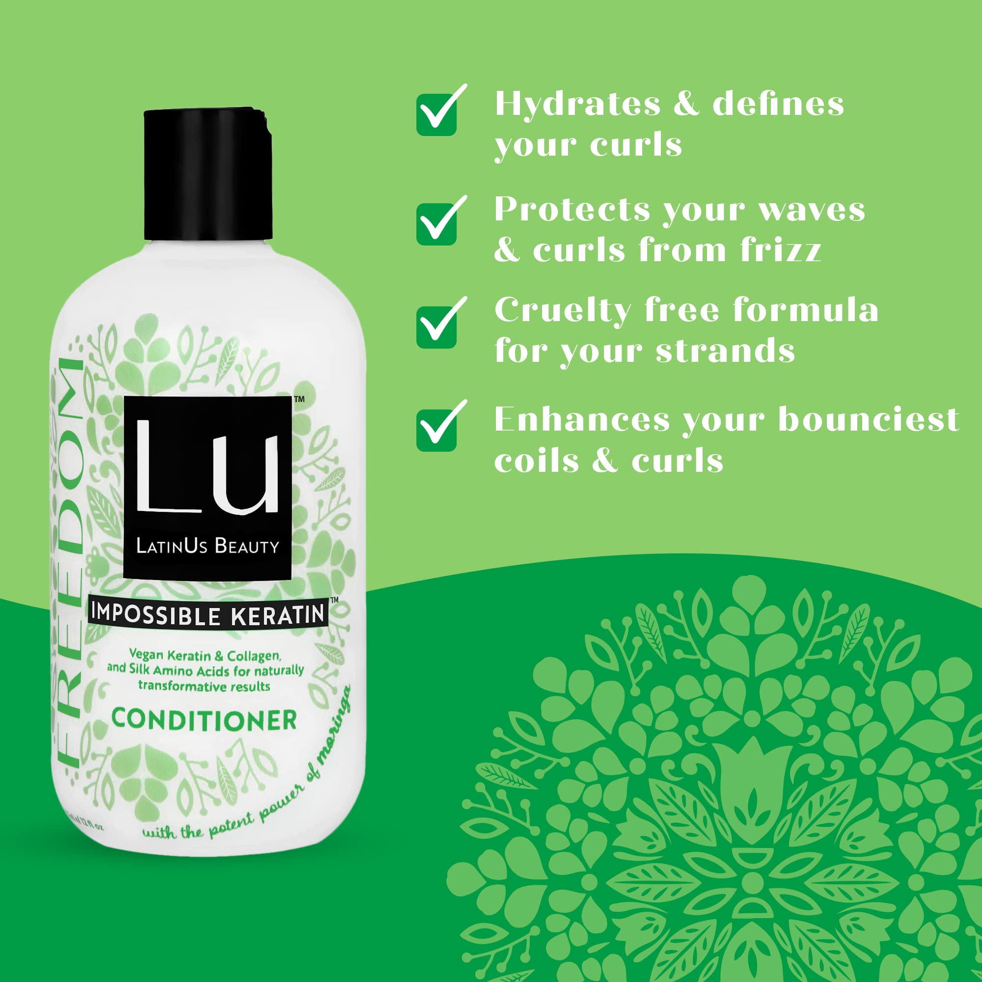 Lu LatinUs Beauty FREEDOM Full Volume Clean Conditioner with Antioxidant Moringa Seed Oil for Bouncy, Defined, Frizz Free, Shiny Curls (12oz)