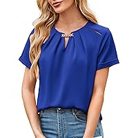 JASAMBAC Women's Satin Silk Blouse 2024 Keyhole Neck Short Sleeve Business Casual Tops Elegant Dressy Shirts Pullover Tops