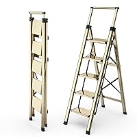 HBTower Step Ladder 5 Step Ladder Folding Aluminum Step Ladder with Wide Pedal,Portable Lightweight Step Ladder with Handgrip Stepladder for Home, Kitchen, Gold