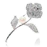 Flower Rose Brooch Pin Cubic Zirconia Pearl Setting Jewelry for Wedding Bridal Formal Look
