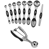 Spring Chef Stainless Steel Magnetic Measuring Spoons, Set of 8 & Multifunctional Small Cookie Scoop - 2 Product Bundle - Black