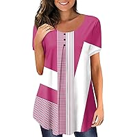 Tops for Women Trendy,Womens Geometric Print Crewneck Ruched Short Sleeve Shirts Loose Button Down Summer Tunic Tops