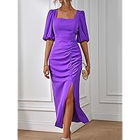 Women's Dresses Square Neck Puff Sleeve Ruched Split Thigh Dress Dress for Women (Color : Purple, Size : Medium)