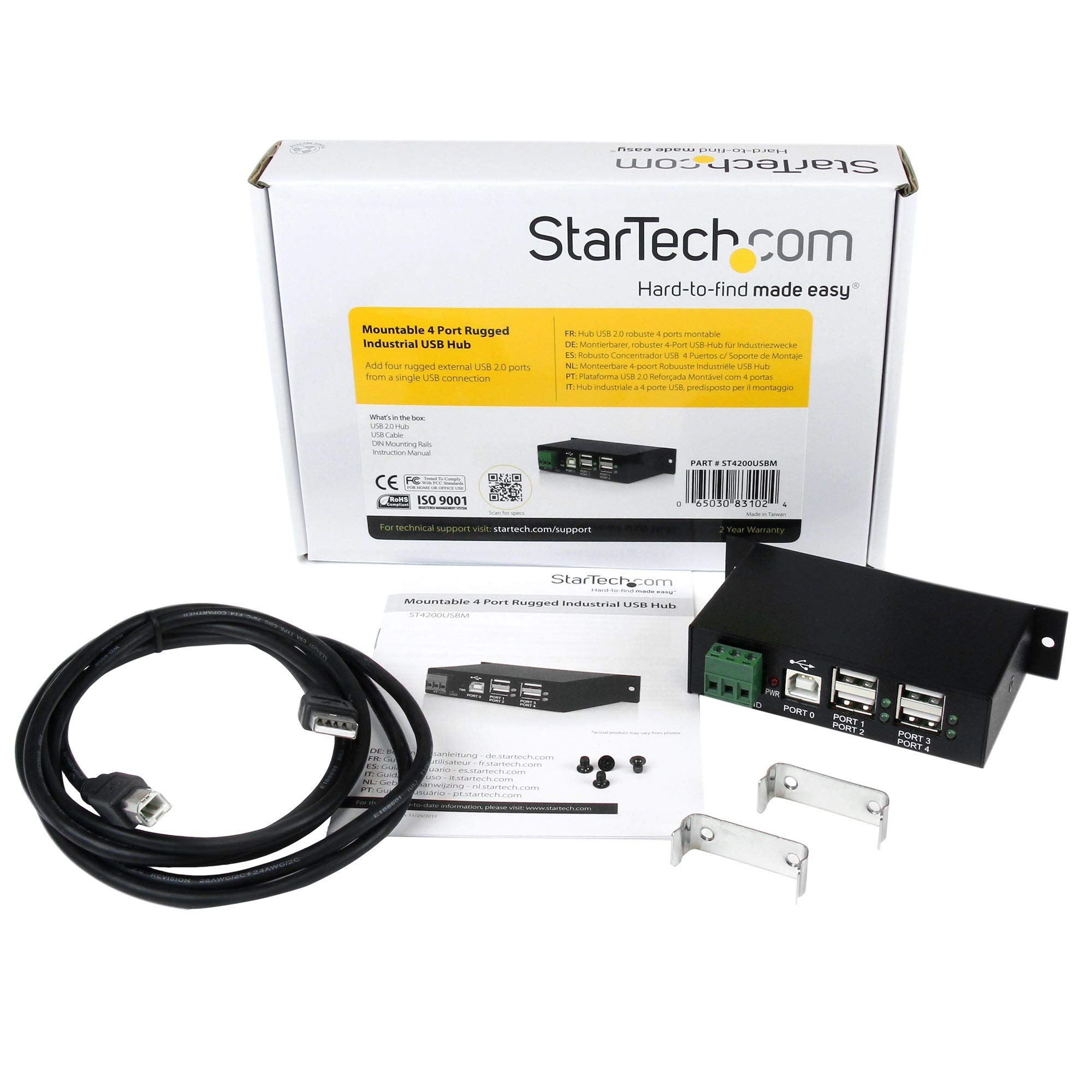 StarTech.com 4-Port USB 2.0 Hub - Metal Industrial USB-A Hub - Din Rail, Wall or Desk Mountable USB Data Hub - TAA Compliant USB Expander Hub (ST4200USBM)