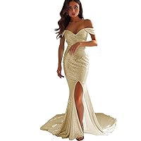 Off-Shoulder Sparkly Prom Dresses - Ball Gown Formal Dress Evening Gown Ball with Slits