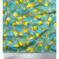 Soimoi Cotton Cambric Blue Fabric - by The Yard - 56 Inch Wide - Leaves, Floral & Lemon Vegetable Palette Fabric - Botanical and Citrusy Fusion for Various Uses Printed Fabric