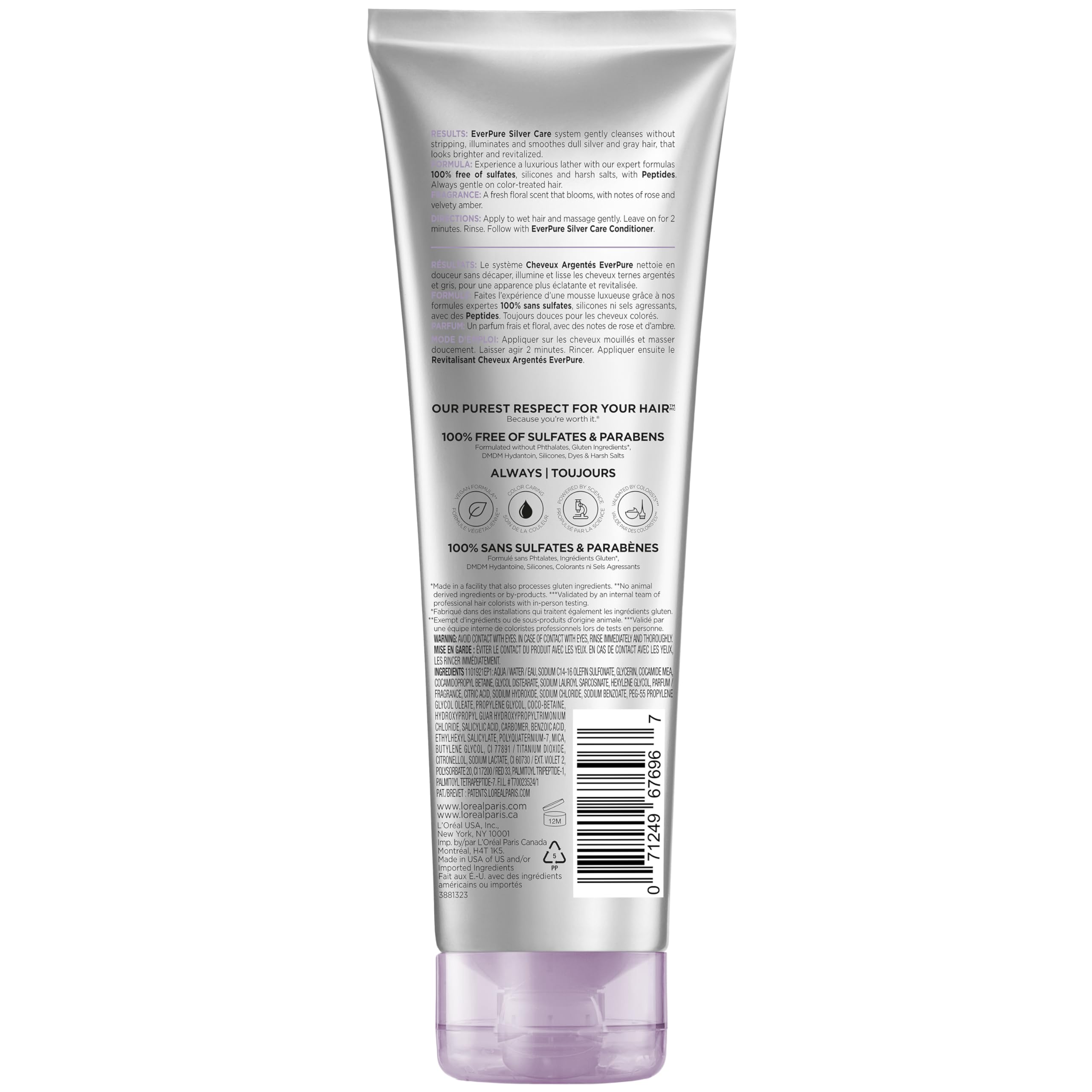 L'Oreal Paris EverPure Silver Care Sulfate Free Shampoo, Brightening and Nourishing Hair Care for Gray and Silver Hair, Vegan Formula with Peptides, 8.5 Fl Oz