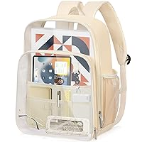 KETIEE Clear Backpack Heavy Duty, Stadium Approved TPU & Leather Transparent Backpacks for Adults with Trolley Sleeve, Large Waterproof Clear Book Bag for School Travel Work Sports Concerts (Beige)