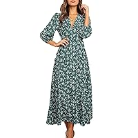 Home A Line Basic Sundress Women Summer Balloon Sleeve Printed Cozy for Ladies Stretch Pleated V-Neck Polyester Green L