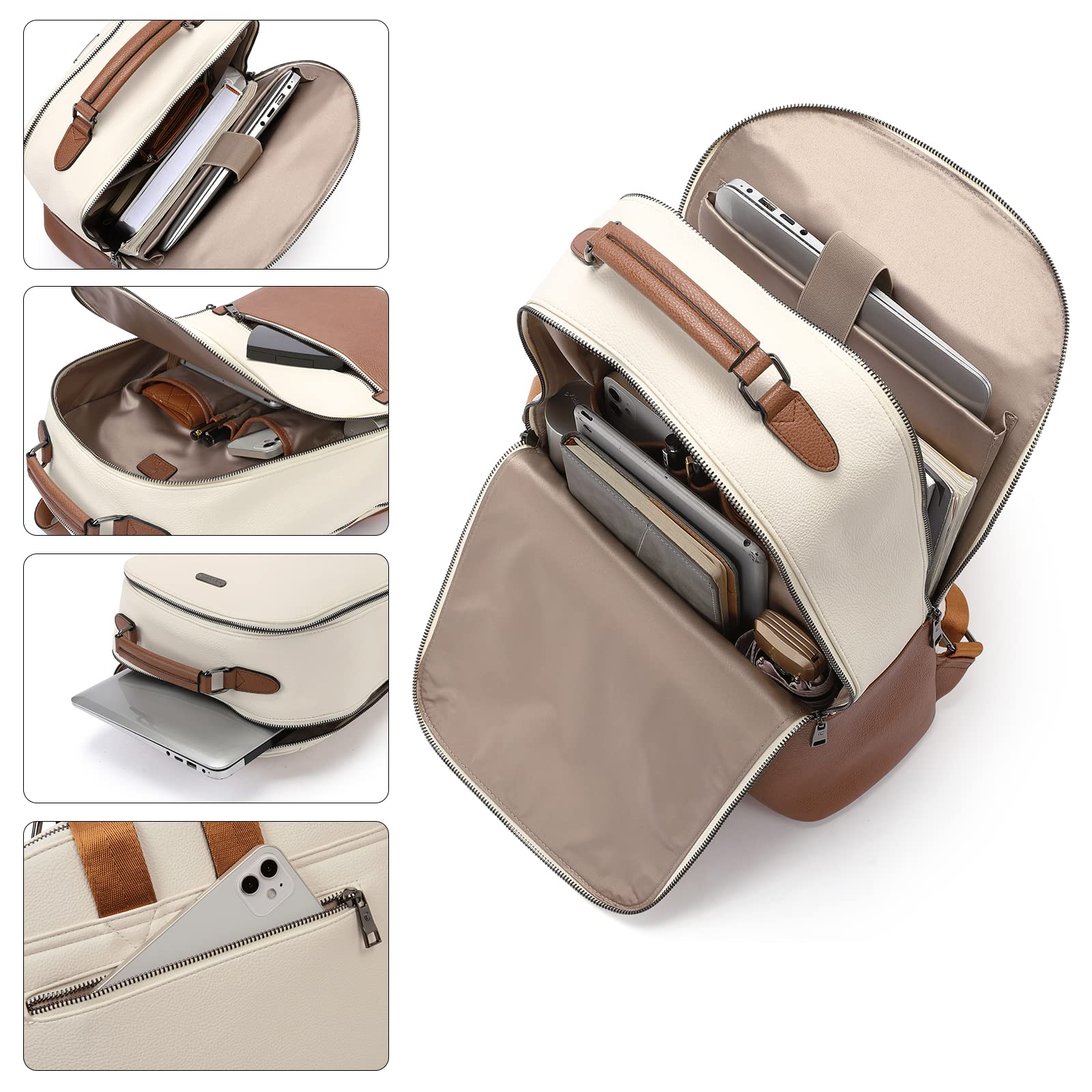 CLUCI Women Leather Laptop Backpack Purse 15.6 inch Computer Backpack Business Casual Travel Daypack Bag Off-white with brown