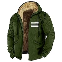 Mens Winter Coats Solid Color Flag Print Zipper Hooded Warm Windbreaker Jackets Oversized Heavy Hoodie