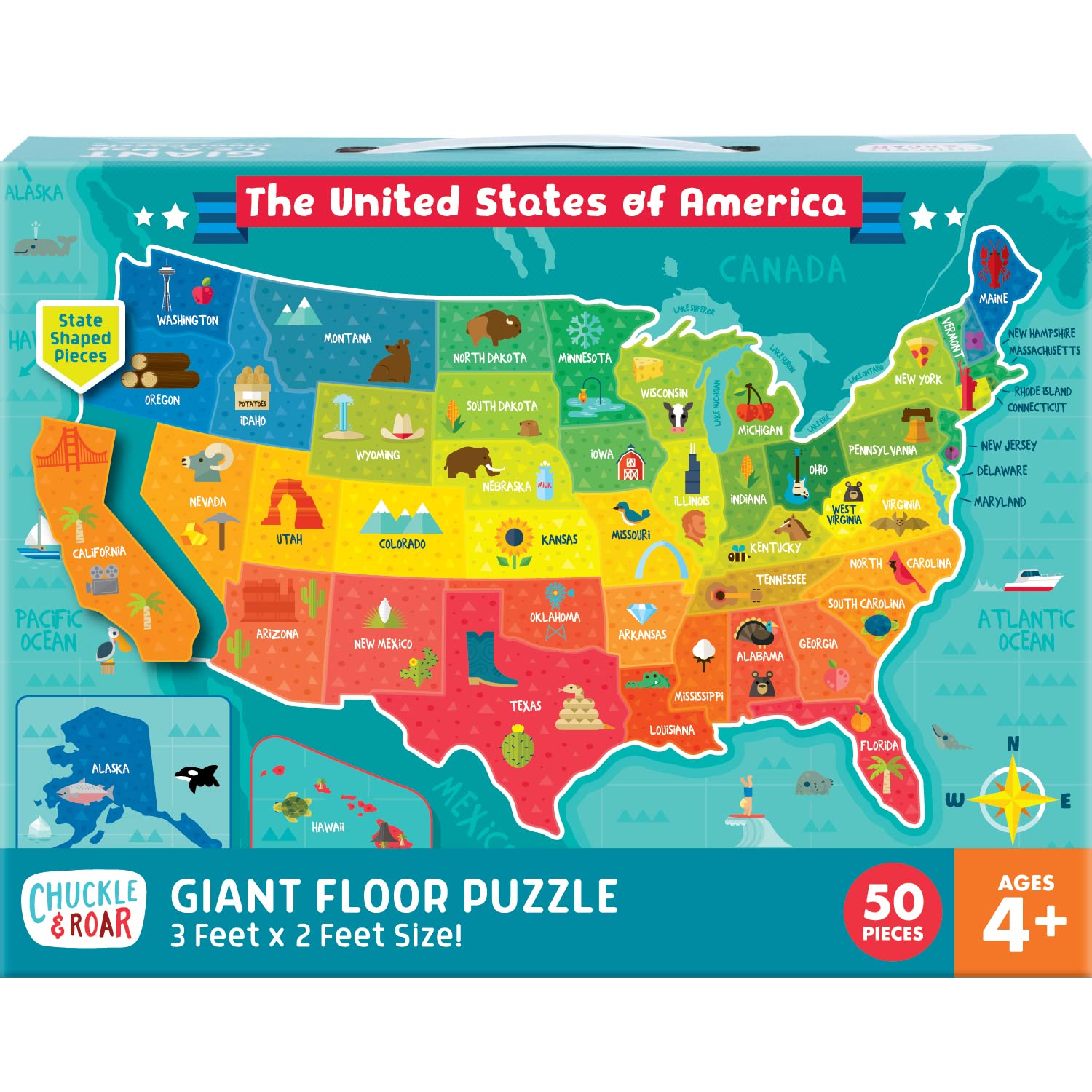 Chuckle & Roar - USA Map Puzzle - Engaging and Educational Puzzles for Kids - Larger Pieces Designed for Preschool Hands - 50 PC Floor Puzzle