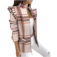 DESKABLY Crop Blazer Jackets for Women, Long Sleeve Fashion Open Front Plaid Print Ruffle Shirt Lightweight Suit Coat
