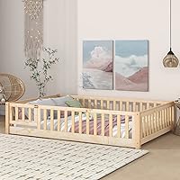 Full Floor Bed with Safety Guardrails and Slats, Toddler Floor Bed Frame Full Size for Girls and Boys, Wood Montessori Floor Bed for Kids, Full-Nature