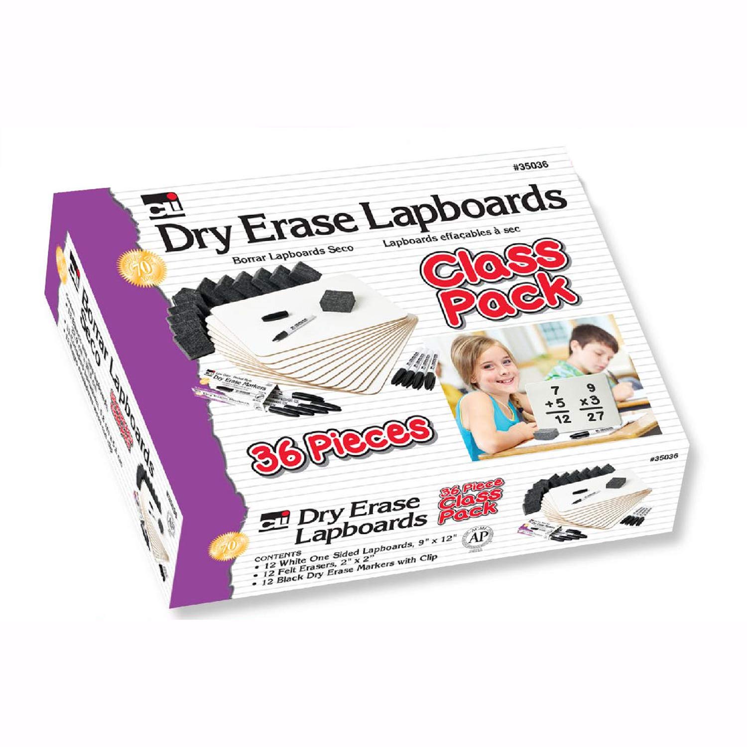 Charles Leonard Dry Erase Lapboard Class Pack, Includes 12 each of Whiteboards, 2 Inch Felt Erasers and Black Dry Erase Markers (35036)