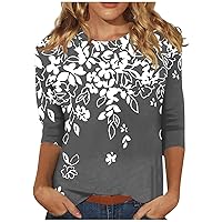 3/4 Length Sleeve Shirts for Women Floral Print Tees Blouses Crewneck Loose Casual Plus Size Tops Tshirts