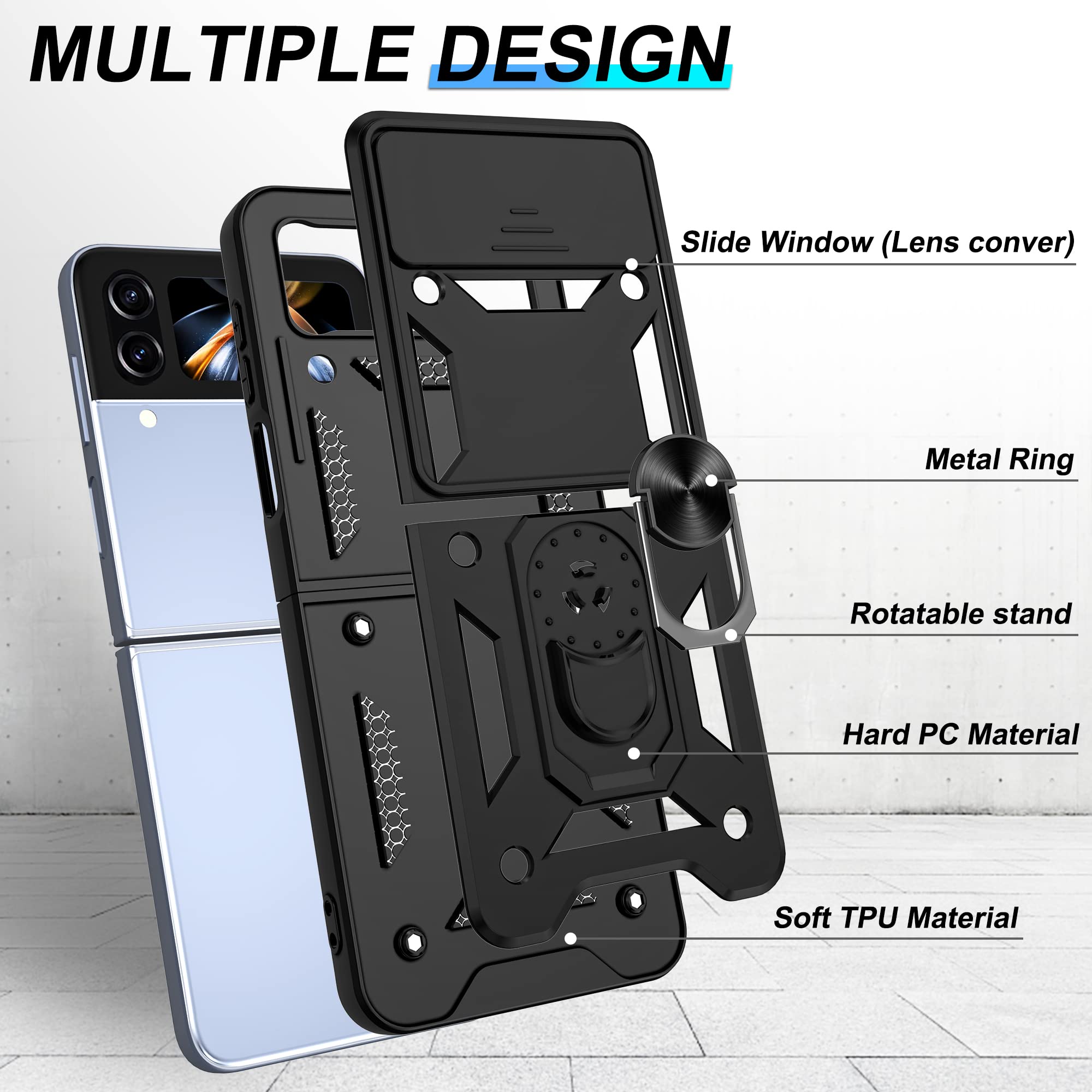ATUMP for Samsung Galaxy Z Flip 4 Case with Slide Camera Cover, 360°Rotation Ring Kickstand [Military Grade] Case for Samsung Galaxy Z Flip 4,Black