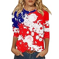 Independence Day 3/4 Sleeve Tops for Women 4th of July Shirt Summer 2024 Trendy Crew Neck USA Printed Tshirts