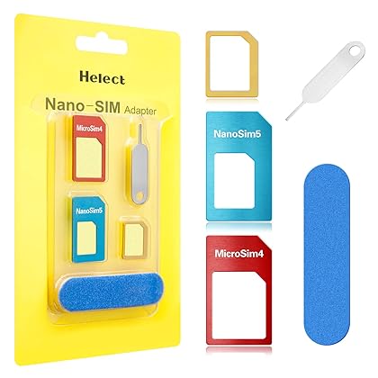 SIM Card Adapter, Helect 5-in-1 Nano & Micro SIM Card Adapter Kit Converter with Polish Chip and Eject Needle - H1050