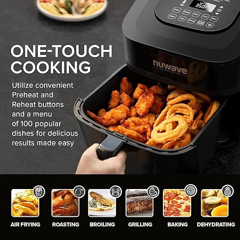 Brio 8-Qt Air Fryer, Powerful 1800W, Easy-to-Read Cool White Display, 50°-400°F Temp Controls, 100 Pre-Programmed Presets & 50 Memory Slots, Integrated Smart Thermometer, Linear T Technology