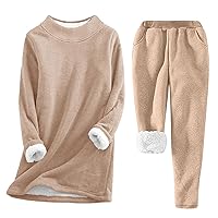Womens Warm Fleece Lined Pjs Solid Sets Winter 2Pcs Outfits Sherpa Crewneck Pullover and Pants Sweatsuit Pajamas Set