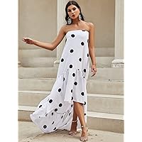 Summer Dresses for Women 2022 Polka Dot Print Ruffle High Low Hem Chiffon Tube Dress Dresses for Women (Color : White, Size : Large)