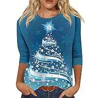 Women Funny Christmas Shirts Cute Xmas Tree Tie Dye Tees 3/4 Sleeve Crew Neck Blouses Fashion Vacation Tops
