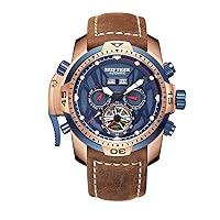 REEF TIGER Military Watches for Men Rose Gold Complicated Blue Dial Sport Watches Leather Strap RGA3532