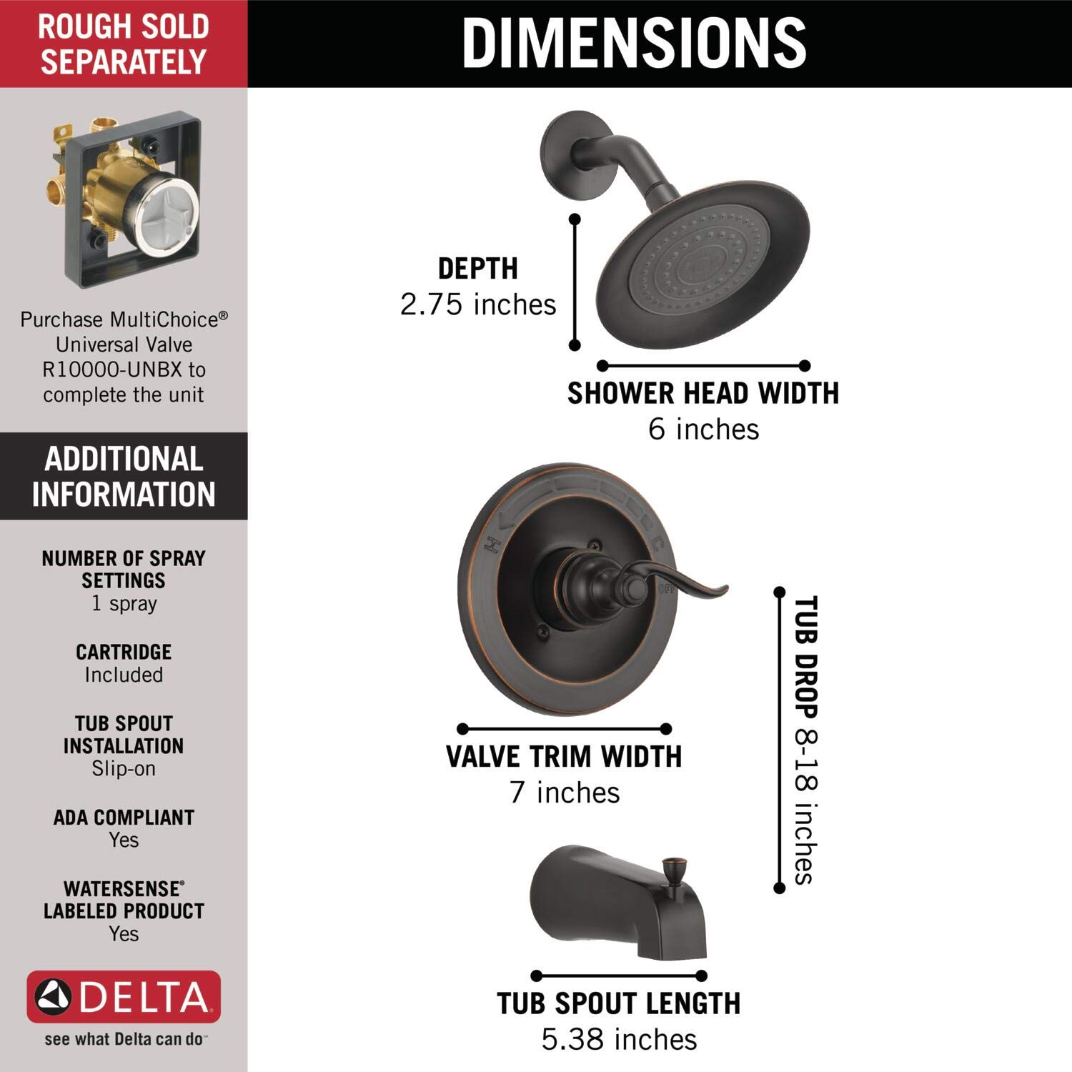 Delta Faucet Windemere Single-Function Tub and Shower Trim Kit with Single-Spray Shower Head, Oil Rubbed Bronze BT14496-OB (Valve Not Included)