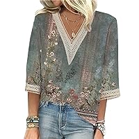 V Neck Tops for Women Lace Patch 3/4 Sleeve Loose Fit Fashion T Shirts Casual Basic Holiday Cute Tee Top