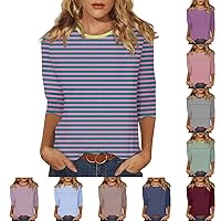 COTECRAM 2024 Womens Tops Summer Trendy Striped Color Block 3/4 Sleeve Crew Neck Loose Shirts Dressy Casual Blouses Tunics
