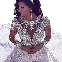 Women Bling Wedding Dress for Bride 2021 Luxury Crystals Lace Wedding Gowns with Sleeves Iovry Ivory