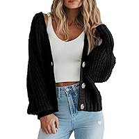 PRETTYGARDEN Women's Chunky Knit Open Front Sweater Long Sleeve Button Loose Short Cardigan Outerwear Coats