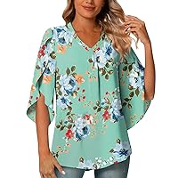 Women's Summer Casual Tops Solid Color V Neck Short Sleeve Blouses Fashion Petal Sleeve Loose Flowy T-Shirts