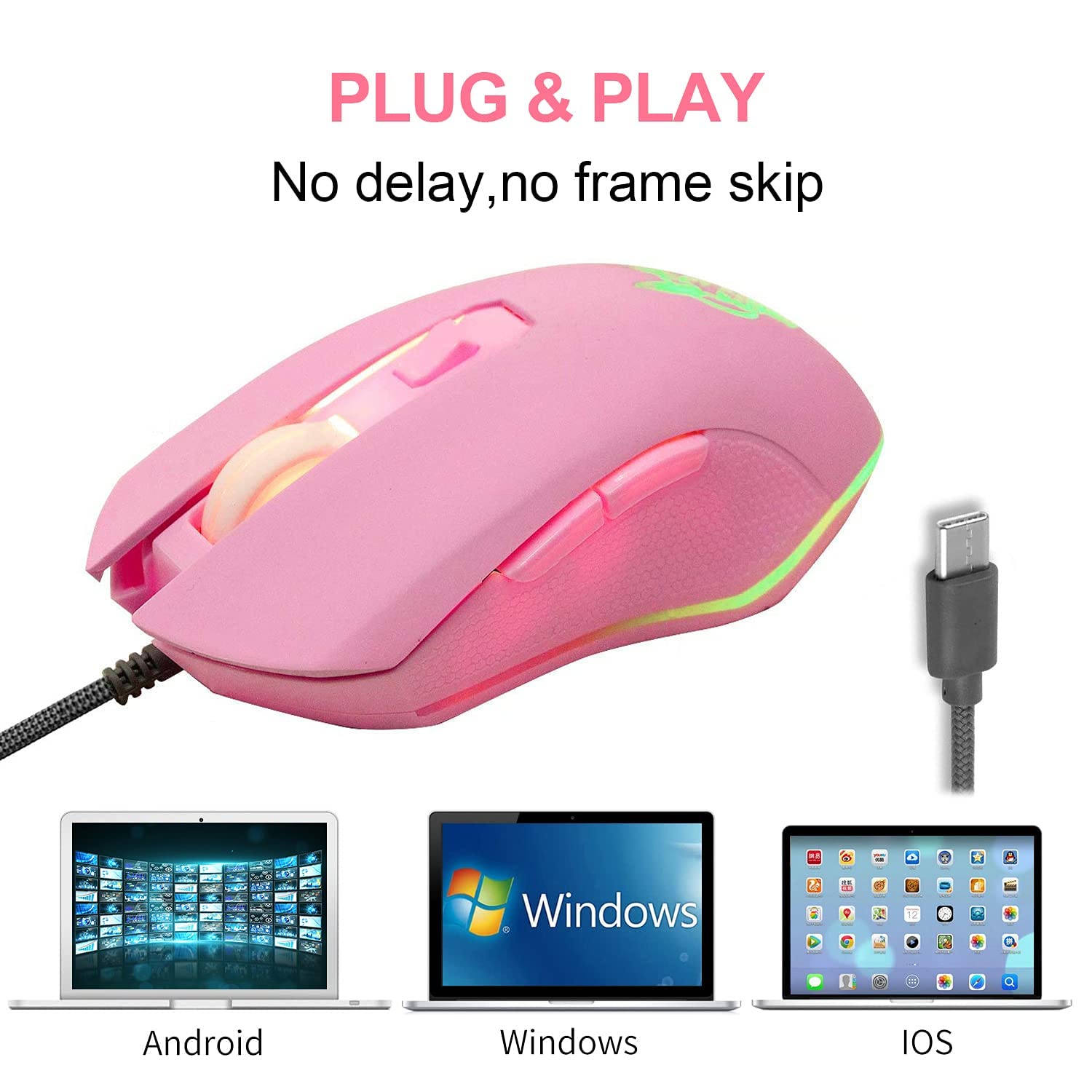 Huifen Wired USB C Gaming Mouse, Silent RGB Gaming Mice 7 Colors Backlit, 2400 DPI, Type C RGB Wired Mouse Gaming for Office Home PC and Notebook and All Type-C Device (Pink) …