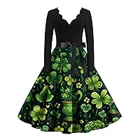 Cocktail Dress for Women, Casual Fashion V-Neck Long Sleeve Printed Vintage Dresses Women 2024 Beach Summer Dresses with Pockets Knee Length Bodycon Tank Maxi Shirt Bodycon (5XL, Dark Green)