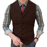 Mens Formal Casual Herringbone Tweed Suit Vest Groomsman Lapel Vintage Jacket Dress Waistcoat for Work Party XS-5XL (Color : Coffee, Size : Medium)