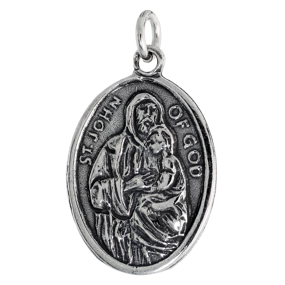 Sterling Silver St John of God San Juan de Dios Medal Necklace Oxidized finish Oval 1.8mm Chain