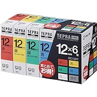 King Jim SC126T Tepra PRO Tape Cartridge, Basic Pack, 0.5 inches (12 mm), 6 Pieces (Red, Yellow, Green, Blue, White, Transparent, Black Letters), Length 22.8 ft (8 m)